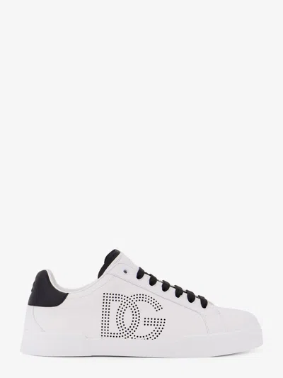 Dolce & Gabbana Portofino' White Low Top Sneakers With Perforated Logo In Leather In Multi