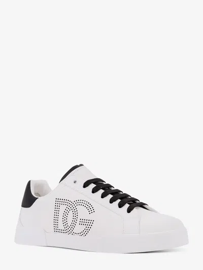 Dolce & Gabbana Portofino' White Low Top Sneakers With Perforated Logo In Leather In Multi