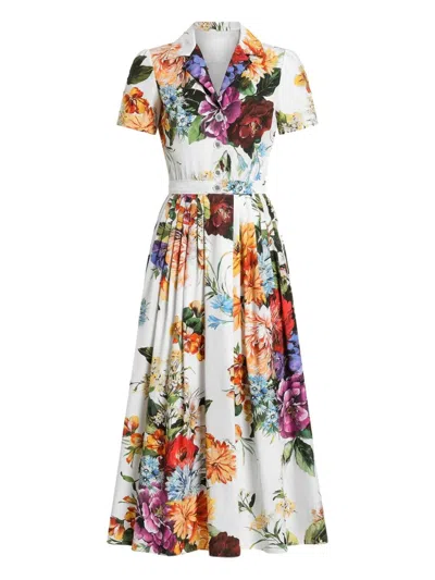 Dolce & Gabbana Midi Poplin Dress With Flower Bouquet Print Dolce E Gabbana In White