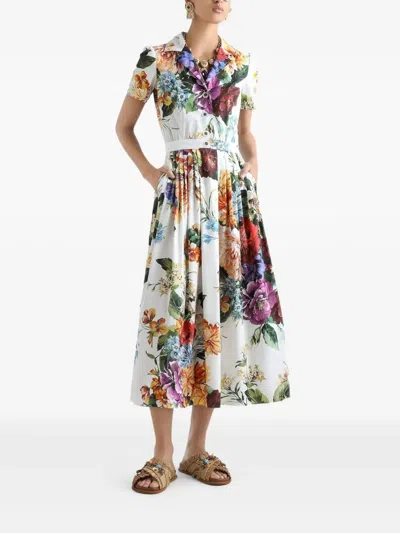 Dolce & Gabbana Midi Poplin Dress With Flower Bouquet Print Dolce E Gabbana In White