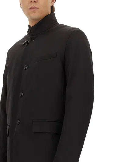 Fay High Collar Jacket With Unique Hook Closure And Flap Pockets In Black