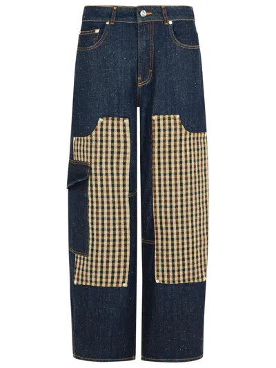 Ganni Checkered Patch Cargo Jeans In Blue
