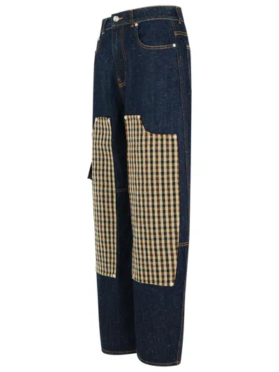 Ganni Checkered Patch Cargo Jeans In Blue