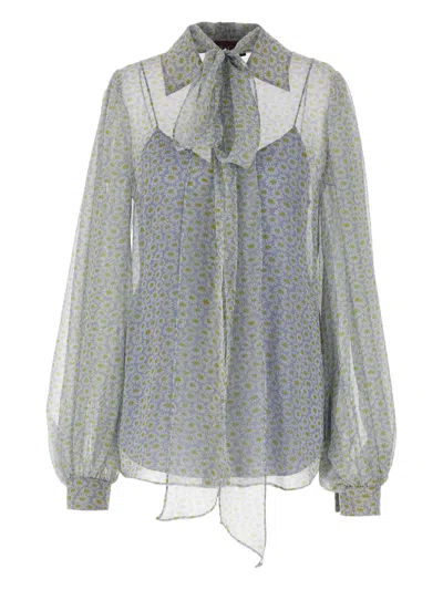 Gucci Women Grey Shirt With All-over Floral Print In Silk Chiffon Woman In Blue