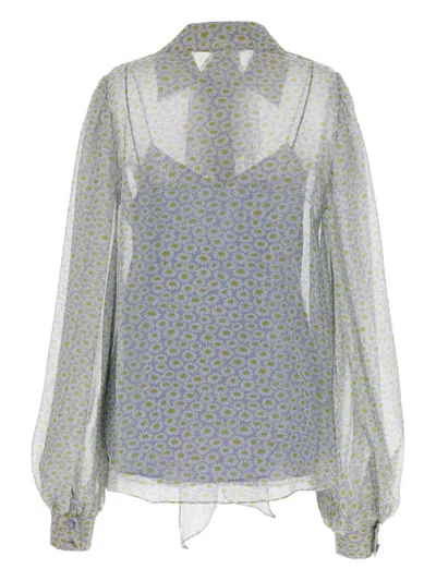 Gucci Women Grey Shirt With All-over Floral Print In Silk Chiffon Woman In Blue