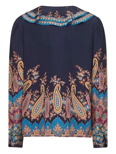 Etro Women's Long Sleeve Ruffled Neck Paisley Top In Blue