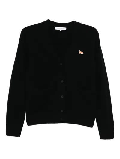 Maison Kitsuné V-neck Long Sleeve Wool Cardigan In Black