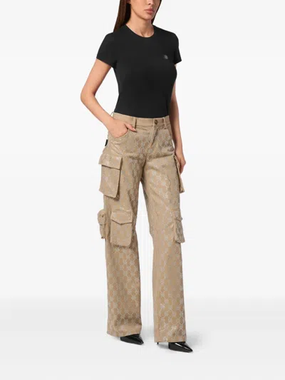 Philipp Plein Long Trousers Cargo Fit Strass Monogram In Brown