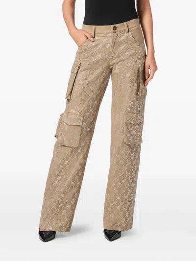 Philipp Plein Long Trousers Cargo Fit Strass Monogram In Brown