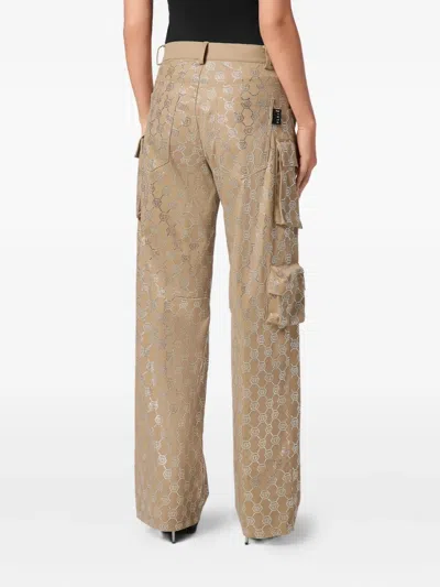 Philipp Plein Long Trousers Cargo Fit Strass Monogram In Brown