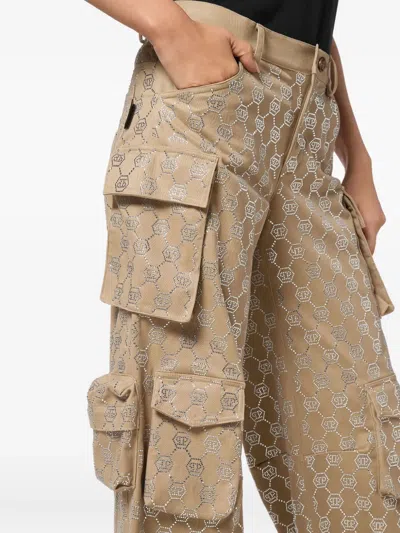 Philipp Plein Long Trousers Cargo Fit Strass Monogram In Brown