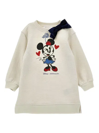 Monnalisa Kids' White Crewneck With Bow Detail On The Front And Print On The Front In Cotton Blend Girl In Neutral