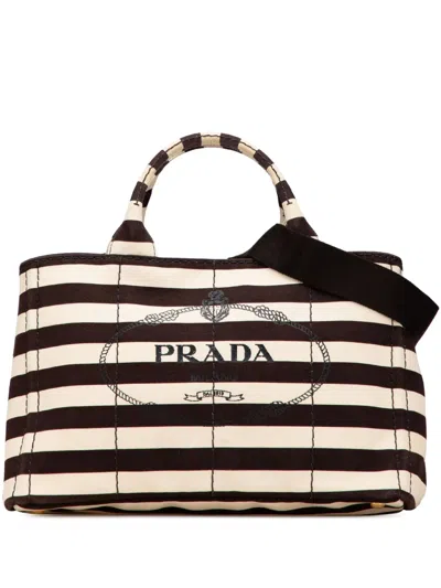 Pre-owned Prada 2013-2025 Canvas Canapa Righe Striped Satchel In Brown