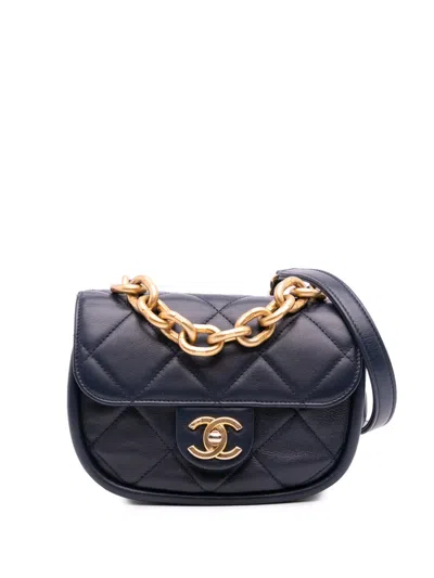 Pre-owned Chanel 2021-2025 Mini Cc Quilted Calfskin Round Moon Messenger Flap Satchel In Blue