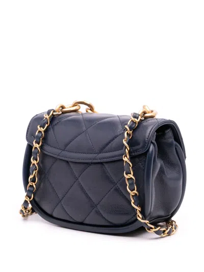 Pre-owned Chanel 2021-2025 Mini Cc Quilted Calfskin Round Moon Messenger Flap Satchel In Blue