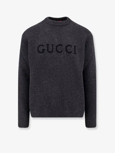 Gucci Grey Crewneck Sweater With Logo Lettering Embroidery On The Front In Wool Man In Gray