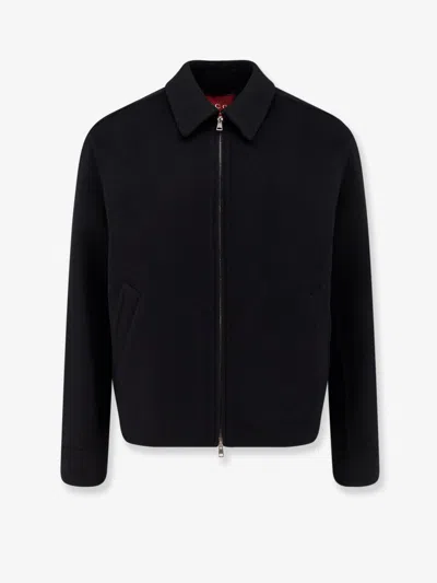 Gucci Men Black Jacket With Classic Collar And Web Motif On The Waist In Cotton Man