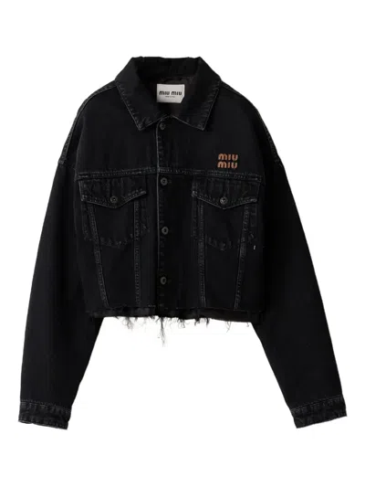 Miu Miu Cropped Jacket With Long Sleeves And Frayed Hem In Black