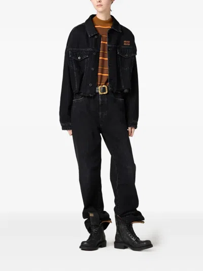 Miu Miu Cropped Jacket With Long Sleeves And Frayed Hem In Black