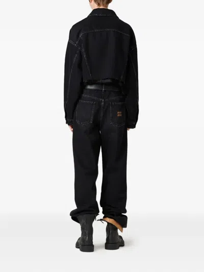 Miu Miu Cropped Jacket With Long Sleeves And Frayed Hem In Black