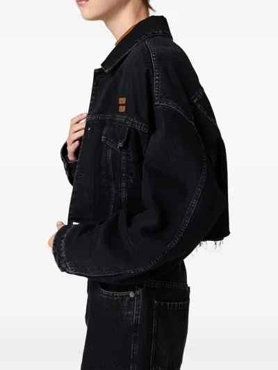 Miu Miu Cropped Jacket With Long Sleeves And Frayed Hem In Black