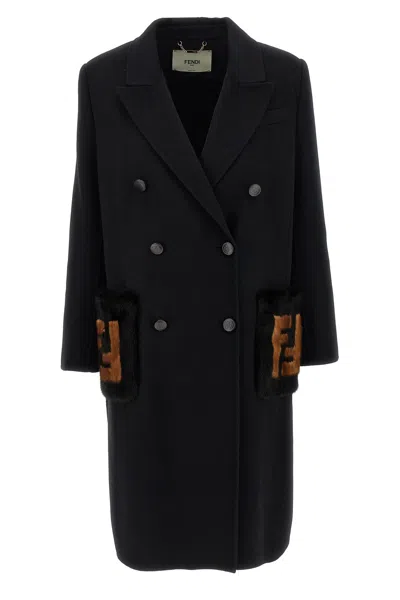 Fendi Straight-fit Midi Coat With Side Slits At The Bottom In Black