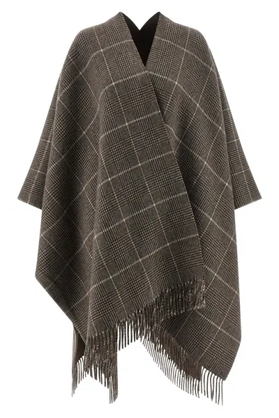 Brunello Cucinelli Reversible Poncho With Fringe And Plaid In Gray