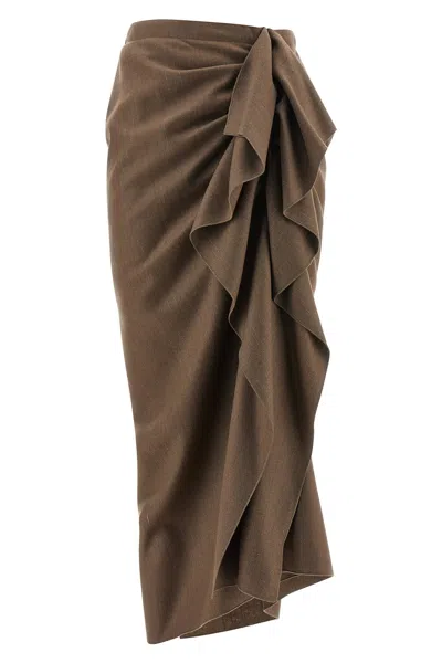 Fabiana Filippi Pinstriped Virgin Wool Midi Skirt With Draping In Brown