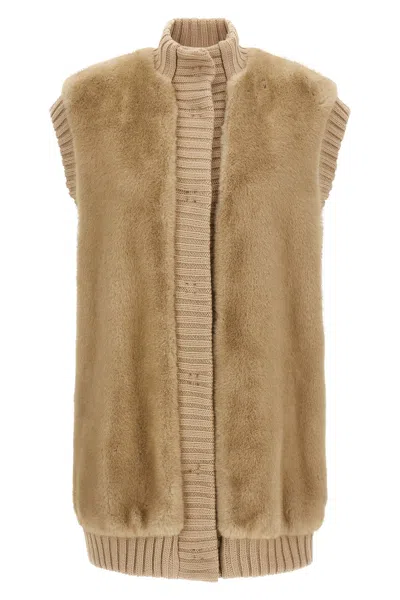 Pinko 'genovese' Beige Sleeveless Vest With High Neck And Ribbed Details  In Ecofur Woman In Neutral
