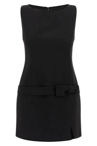 Twinset Black Crewneck Mini Dress With Bow Detail On The Front And Logo Plaque On The Rear In Tech Fabric St In Black