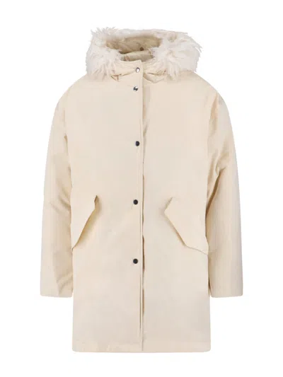 Jil Sander Hooded Longline Jacket With Faux Fur Trim In Multi