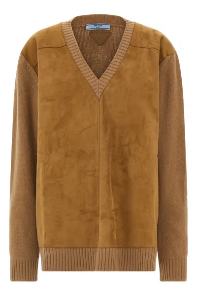Prada Wool And Cashmere Sweater With Lambskin Front In Brown