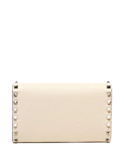 Valentino Rockstud Leather Wallet With Chain In Neutral