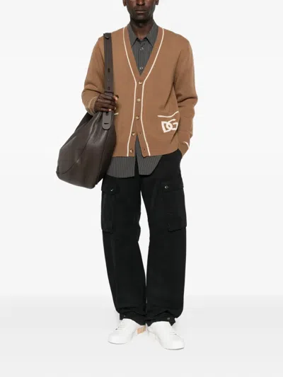 Dolce & Gabbana Crewneck Sweater With Ribbed Cuffs And Pockets In Brown