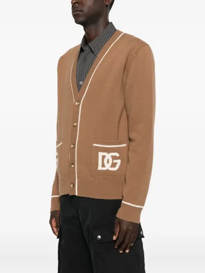 Dolce & Gabbana Crewneck Sweater With Ribbed Cuffs And Pockets In Brown