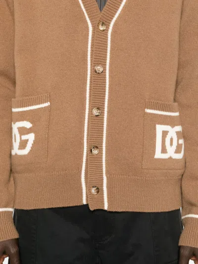 Dolce & Gabbana Crewneck Sweater With Ribbed Cuffs And Pockets In Brown