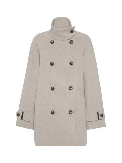 Brunello Cucinelli Virgin Wool And Cashmere Peacoat In Double Cloth With Shiny Cuff Details In Neutral