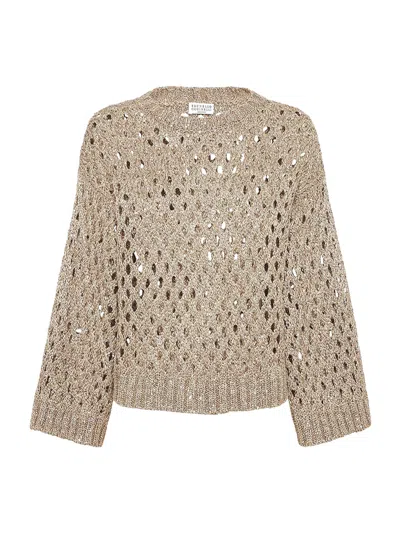 Brunello Cucinelli Women Brunello Cucinelli Silk And Linen Dazzling Net Sweater Warm Beige In Neutral