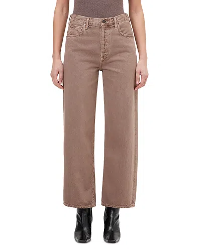 Agolde Wide Leg Denim Trousers With Front And Back Pockets In Brown