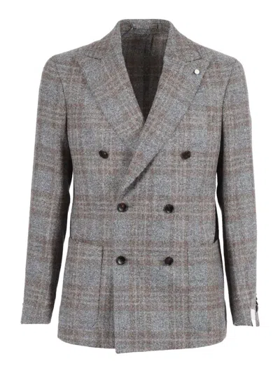 Luigi Bianchi Double-breasted Jacket With Classic Plaid Pattern And Peak Lapels In Gray