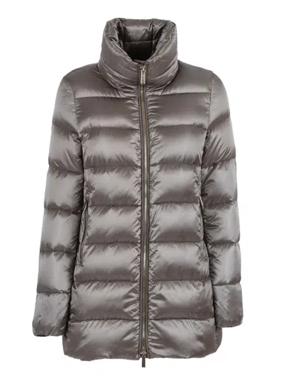 Moorer Long Quilted Down Jacket With High Collar In Metallic