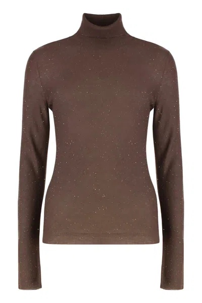 Fabiana Filippi Turtleneck Slim Fit Top With Sparkling Detail In Brown