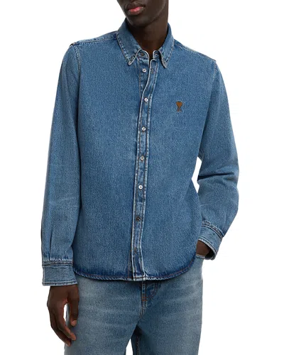 Ami Alexandre Mattiussi Classic Blue Denim Shirt With Structured Collar And Button-down Front In Blue