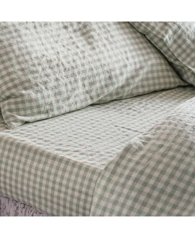 Piglet In Bed Gingham Linen Blend Fitted Sheet, Full In Green