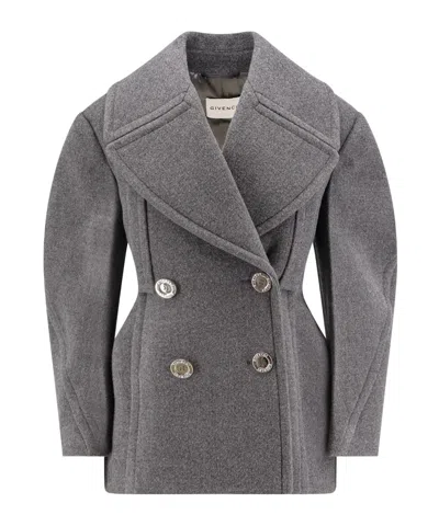 Givenchy Womens Slate Blend Double-breasted Notch-lapels Wool And Silk Coat In Gray