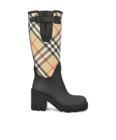 Burberry Woven Check Rain Boots With Adjustable Buckle And Equestrian Design In Black