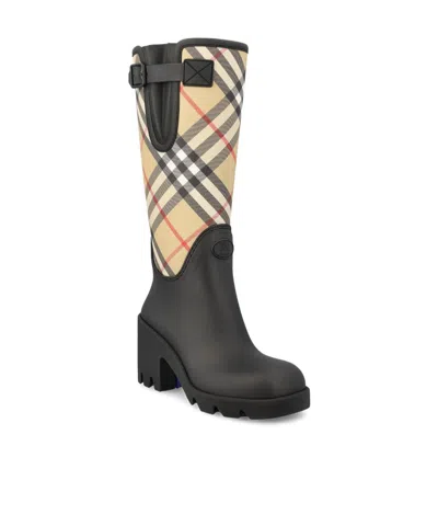 Burberry Woven Check Rain Boots With Adjustable Buckle And Equestrian Design In Black