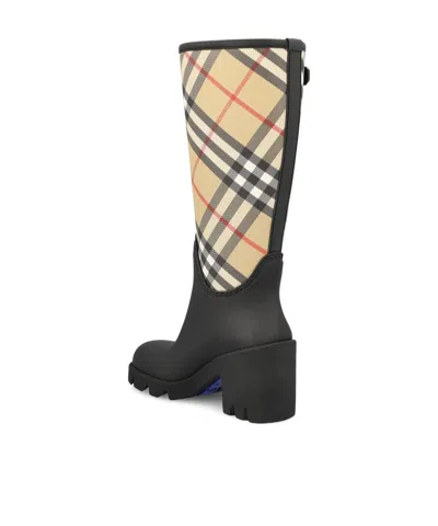 Burberry Woven Check Rain Boots With Adjustable Buckle And Equestrian Design In Black