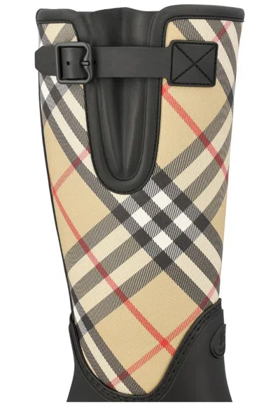 Burberry Woven Check Rain Boots With Adjustable Buckle And Equestrian Design In Black