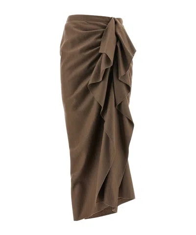 Fabiana Filippi Pinstriped Virgin Wool Midi Skirt With Draping In Brown